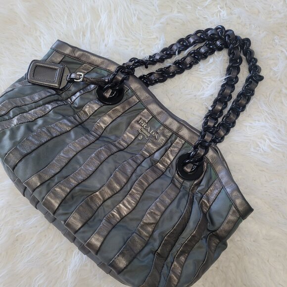 Prada Shoulder Tote Bag Leather Fabric Brown Gray - Picture 2 of 16